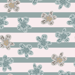Fototapeta na wymiar Pastel pale tones seamless floral pattern with flower buds shapes. Striped background. Decorative print.