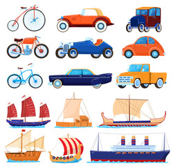 Vintage transport vector illustrations, cartoon flat transporting classic set of retro american sport cars, old bicycle, sea boats or ship