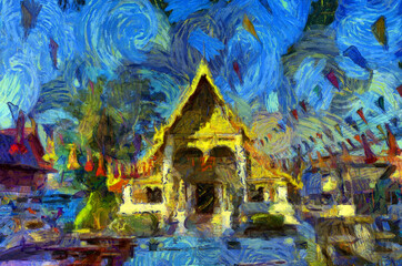 Landscape of ancient temples in Thai villages Illustrations creates an impressionist style of painting.