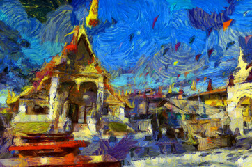 Landscape of ancient temples in Thai villages Illustrations creates an impressionist style of painting.