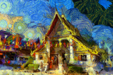 Obraz premium Landscape of ancient temples in Thai villages Illustrations creates an impressionist style of painting.