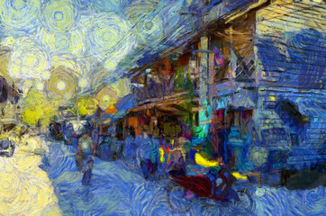 Obraz na płótnie Canvas Landscape of an ancient trading village in Thailand Illustrations creates an impressionist style of painting.