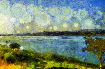 Fototapeta na wymiar Landscape of the Mekong River in Thailand Illustrations creates an impressionist style of painting.