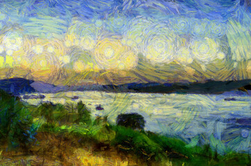 Fototapeta na wymiar Landscape of the Mekong River in the time of Twilight Illustrations creates an impressionist style of painting.