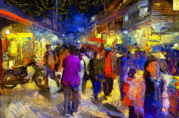 Fototapeta na wymiar Landscape of the market at night, community market along the Mekong River Illustrations creates an impressionist style of painting.