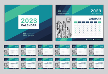 Calendar 2023 template vector, Set Desk calendar 2023 design, Happy New year, Wall calendar design, Calendar Planner, Week start on Sunday, Set of 12 Months, Minimal cover design. green background. 