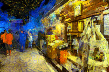 Landscape of the market at night, community market along the Mekong River Illustrations creates an impressionist style of painting.