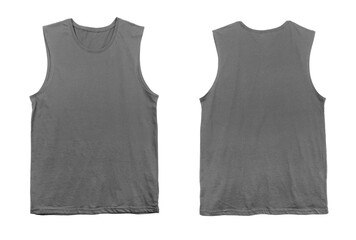 Blank muscle jersey tank top color grey front and back view on white background
