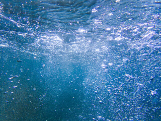 	 Underwater bubbles, under the Mediterranean sea, very suitable landscape picture for backgrounds, blue background of underwater bubbles	