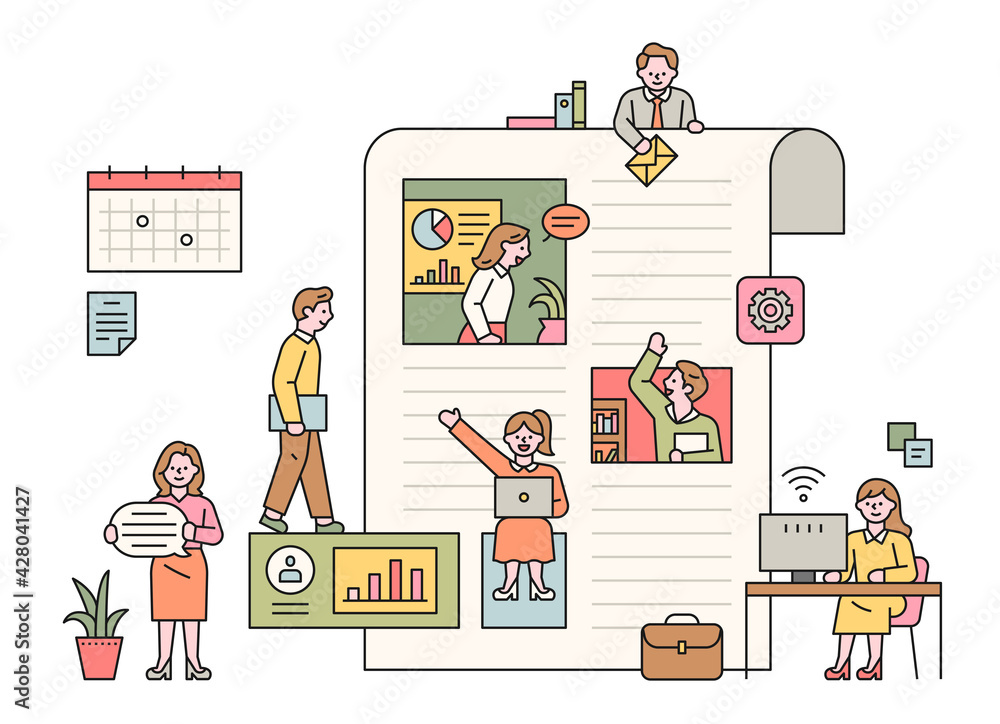 Poster business people working inside and outside a large paper layout. flat design style minimal vector il
