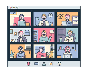 People having video meetings in their own homes. flat design style minimal vector illustration.
