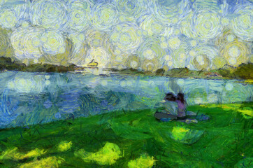 Park landscape Illustrations creates an impressionist style of painting.