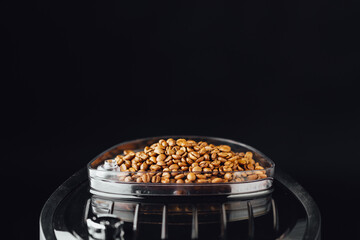 coffee beans in coffeemaker bean container, copy-space background