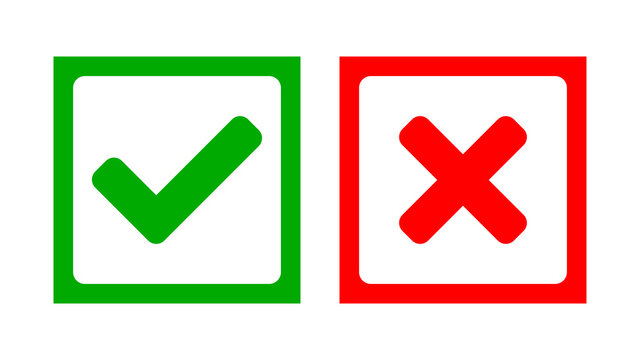 Yes and No or Right and Wrong or Approved and Declined Icons with Check Mark and X Signs in Green and Red Squares. Vector Image.