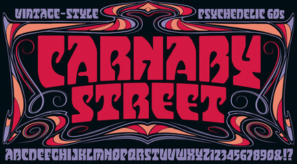 Fototapeta na wymiar Carnaby Street alphabet: A 1960s or 1970s style alphabet with a groovy vibe. This lettering is in the style of hippie poster lettering, with hints of art nouveau influences.