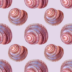 Seamless pattern watercolor pink brown spiral sea shell with pearl on grey background. Hand-drawn nature realistic object for celebration, stationery, card, wallpaper, textile, wrapping