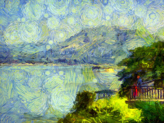 Landscape of the Mekong River in Thailand Illustrations creates an impressionist style of painting.