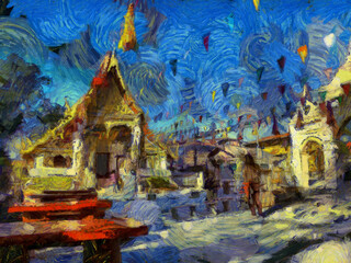 Fototapeta premium Landscape of ancient temples in Thai villages Illustrations creates an impressionist style of painting.