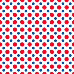 American patriotic seamless pattern. USA traditional background. Red blue white polka dots backdrop. Vector template for fabric, textile, wallpaper, wrapping paper, etc.