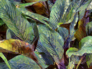 An ornamental shrub with beautiful leaves and various shapes Illustrations creates an impressionist style of painting.