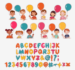 Funny kids with letter and number balloons. Vector cute boys and girls collection. Multi-ethnic group of happy children. Different cartoon faces icons. Balloon vector alphabet character set