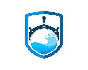 Simple shield with ship steering wheel and beautiful beach wave
