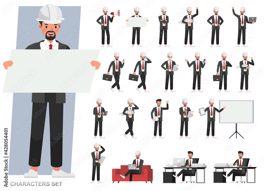 Poster set of engineer man working character vector design. presentation in various action with emotions, r