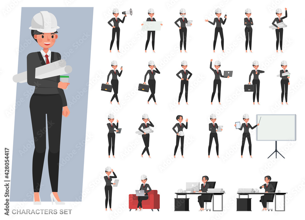 Poster set of engineer woman working character vector design. presentation in various action with emotions,