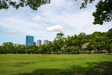 大阪城・緑の芝生に覆われた夏の西の丸庭園
