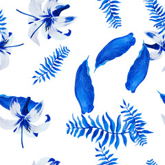 Fototapeta na wymiar Navy Pattern Plant. Gray Tropical Botanical. Azure Seamless Leaf. Blue Decoration Illustration. White Spring Design. Indigo Flower Leaves. Watercolor Design.