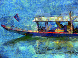 Fototapeta na wymiar Long tail boat on the river Illustrations creates an impressionist style of painting.