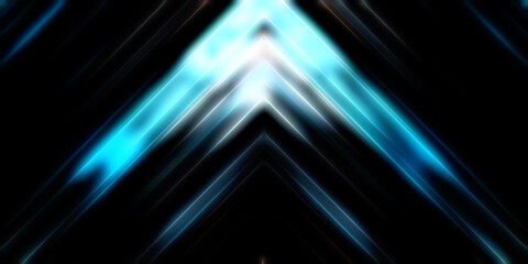 Abstract shining geometric lights background. Fractal symmetric graphic illustration. Intersecting glowing and shimmering bars.