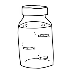 小魚が入った瓶の線画イラスト（アクアリウム）