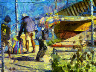 Port loading workers Illustrations creates an impressionist style of painting.