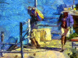 Fototapeta na wymiar Port loading workers Illustrations creates an impressionist style of painting.