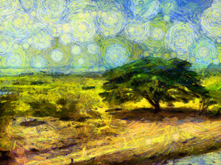 Landscape of big trees, grassland and sky Illustrations creates an impressionist style of painting.