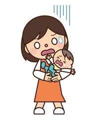 泣く赤ちゃんと焦るママ