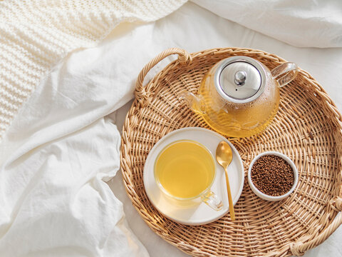 buckwheat tea or soba tea or kuqiaocha, flat lay