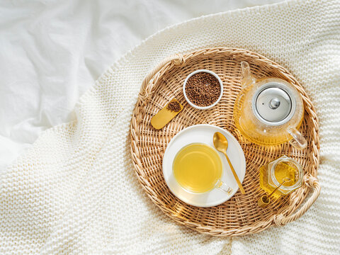 buckwheat tea or soba tea or kuqiaocha, flat lay