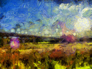 Obraz na płótnie Canvas Landscapes of grasslands, forests and sky Illustrations creates an impressionist style of painting.