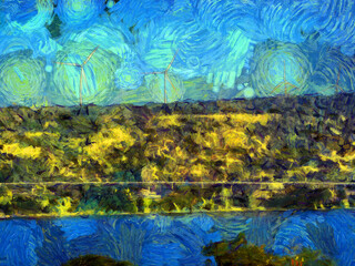 Fototapeta na wymiar Landscape of mountain turbines Illustrations creates an impressionist style of painting.