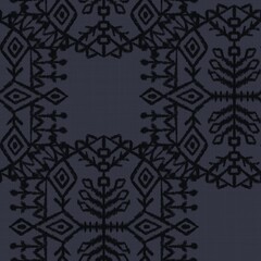 Seamless almost black tribal ethnic rug motif pattern. High quality illustration. Hand drawn symmetric native style design in dark gray and black with texture. Old artisan textile seamless pattern.