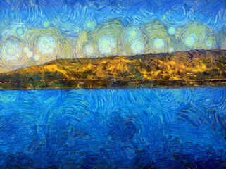 Landscape of mountain turbines Illustrations creates an impressionist style of painting.