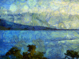 Fototapeta na wymiar Lakeside landscape Illustrations creates an impressionist style of painting.