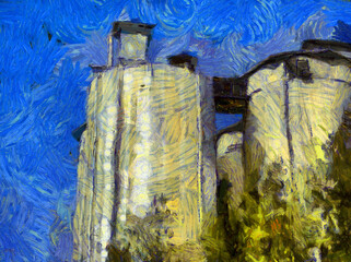 Industrial silo landscape Illustrations creates an impressionist style of painting.