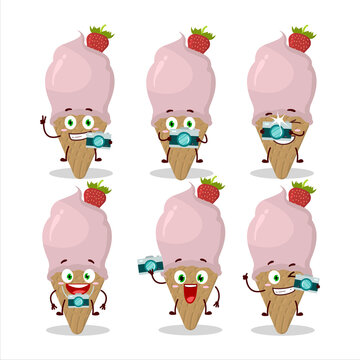 Photographer profession emoticon with Ice cream strawberry cartoon character