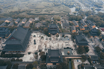 Aerial view of Chongyuan Temple, located along Yangcheng Lake at Suzhou Industrial Park, Suzhou, China