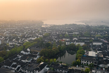 Early morning aerial view of Zhouzhuang, a famous ancient water town in the south of China