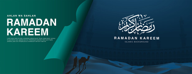 Realistic Ramadan Kareem holiday banner design with 3d illustration of wanderer walk in the desert. web poster, flyer, stylish brochure, greeting card, cover. Vector illustration. 