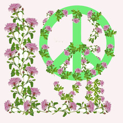 Word love made of pink roses and pacifist sign. Isolated on white. 